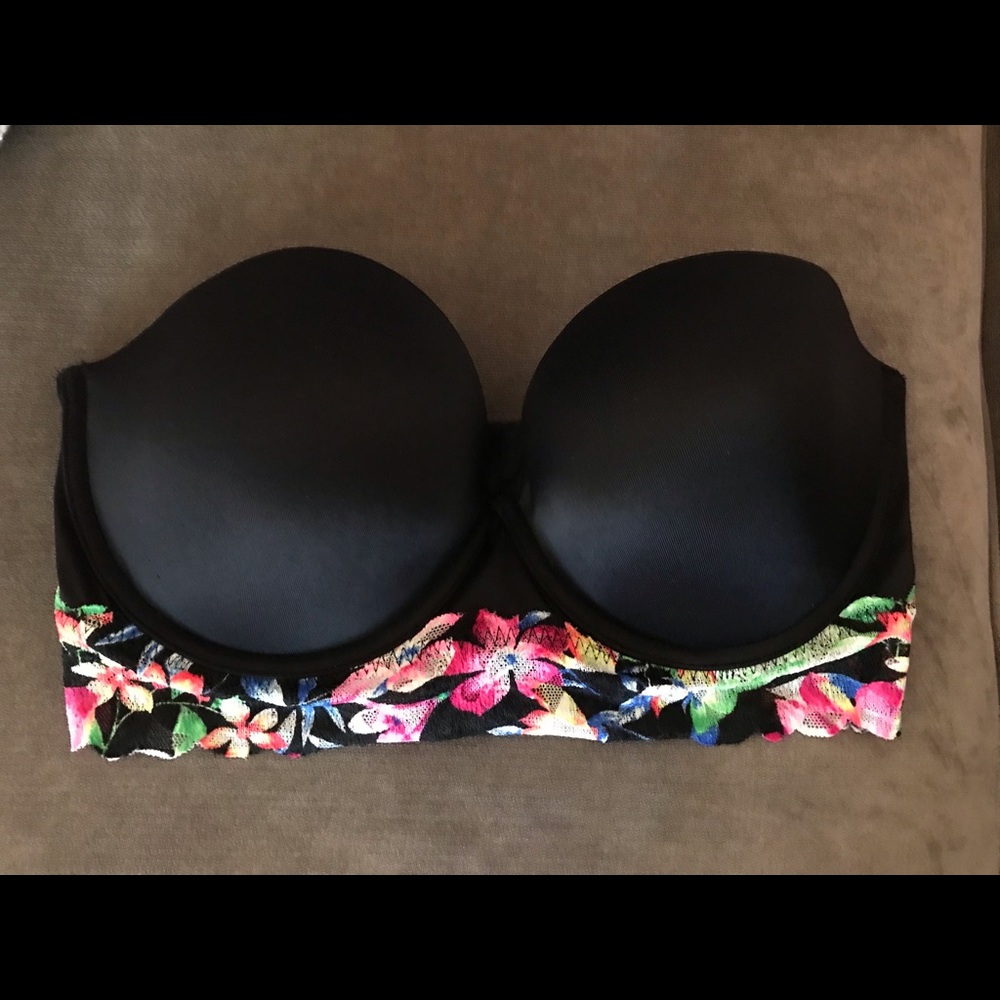 Strapless black and floral Victoria’s Secret bra padded pink NWT 36D